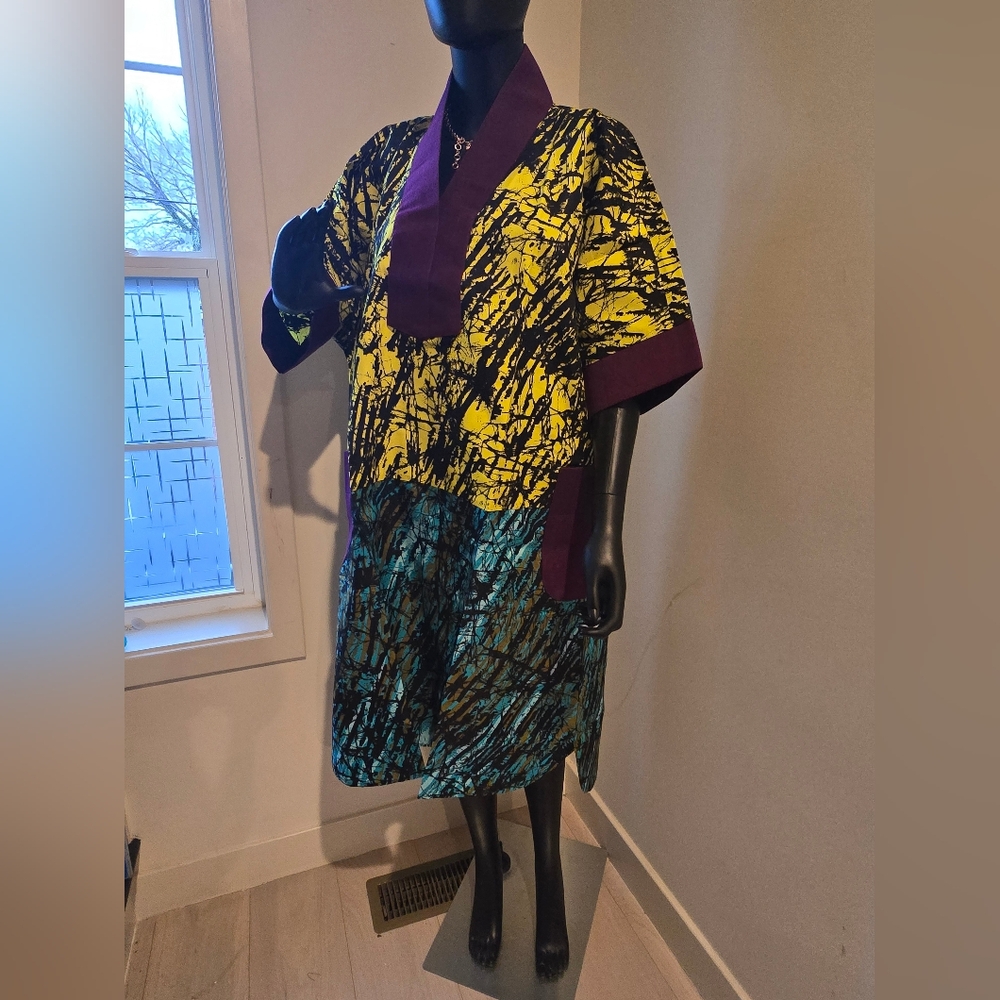 Vibrant Yellow and Blue Abstract Ankara with Asooke Neckline & Pockets